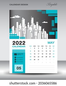 Plantilla de diseño Calendario 2022, diseño de mayo de 2022 año, diseño de calendario vertical, plantilla de calendario de escritorio, calendario de pared, planificador, semana comienza el domingo, fondo de forma cuadrado azul, vector