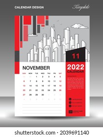 Calendar 2022 design template, November layout, calendar date, Desk calendar template, Wall calendar 2022 year, Planner, week starts on sunday, printing media, Red square shape background, vector