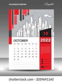 Calendar 2022 design template, October layout, calendar date, Desk calendar template, Wall calendar 2022 year, Planner, week starts on sunday, printing media, Red square shape background, vector