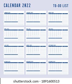 Calendar 2022, To Do Lists and Note. Week start Sunday corporate design planner template.
