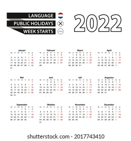 Calendar 2022 in Dutch language, week starts on Monday. Vector calendar 2022 year.