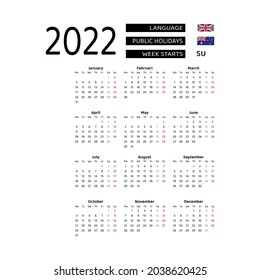 Calendar 2022 England language with Australian public holidays. Week starts from Sunday. Graphic design vector illustration.
