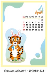 calendar for 2022 in Englih. Wall calendar template for April 2022. Year of the tiger to the Eastern Chinese calendar. Cute character in flat design. Week start in Sunday. In size A4 A3 A2 A5