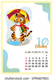 calendar for 2022 in Englih. Wall calendar template for October 2022. Year of the tiger to the Eastern Chinese calendar. Cute character in flat design. Week start in Sunday. In size A4 A3 A2 A5