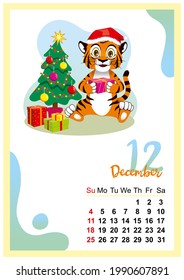 calendar for 2022 in Englih. Wall calendar template for December 2022. Year of the tiger to the Eastern Chinese calendar. Cute character in flat design. Week start in Sunday. In size A4 A3 A2 A5