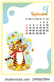 calendar for 2022 in Englih. Wall calendar template for September 2022. Year of the tiger to the Eastern Chinese calendar. Cute character in flat design. Week start in Sunday. In size A4 A3 A2 A5