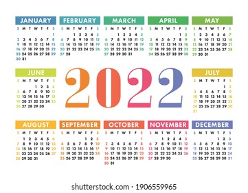Colorful Calendar 2022 Calendar 2022 English Colorful Vector Horizontal Stock Vector (Royalty  Free) 1906559965