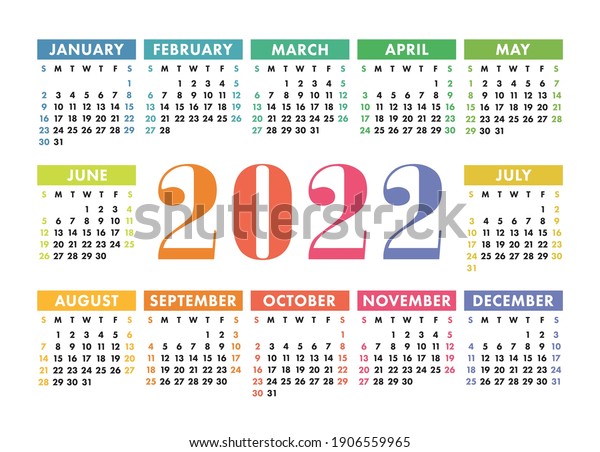 English Calendar 2022 Calendar 2022 English Colorful Vector Horizontal Stock Vector (Royalty  Free) 1906559965