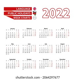 Calendar 2022 in English language with public holidays the country of Kenya in year 2022. Week starts from Monday. Vector Illustration.