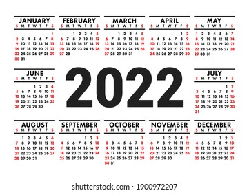 Calendar 2022. English vector horizontal wall or pocket calender template. Black and red design. New year. Week starts on Sunday