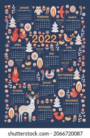 Calendar for 2022 in a fabulous folk style. Blue background, forest animals and birds, flowers and leaves.