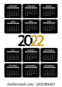 Calendar 2022 is fashionable and modern. On a black and gray background with gold lines. A set of desktop calendars for 2022, a wall calendar design, a Planner, the beginning of the week on Sunday.