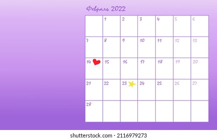 Calendar 2022 February. The week starts on Tuesday. Vector illustration.