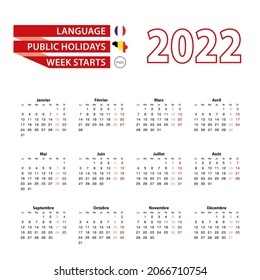 Calendar 2022 in French language with public holidays the country of Belgium in year 2022. Week starts from Monday. Vector Illustration.