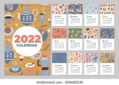 Calendar 2022. Fun, cozy and cute monthly calendar vector template with hand drawn hyggee cups, desserts and seasomal elements. Flat vector illustration.