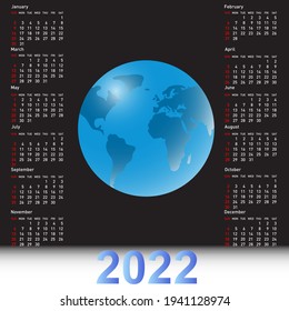 Calendar 2022 with a globe on the black sky.