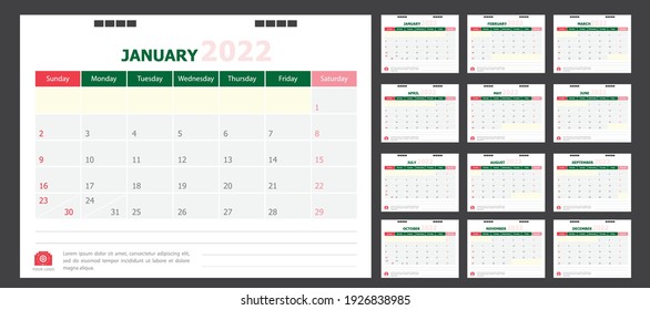 Kalender für 2022, grüner und roter Hintergrund