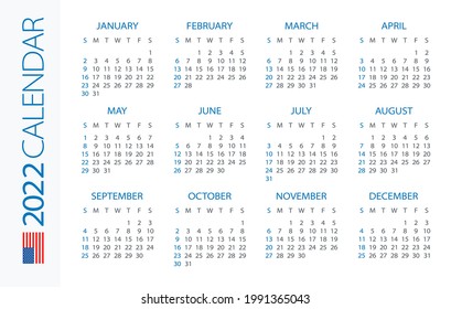 Calendar 2022 Horizontal - illustration. American version. Week starts on Sunday. Translation: Calendar. Names of Months. Names of Days. January, February, March, April, May, June, July, August