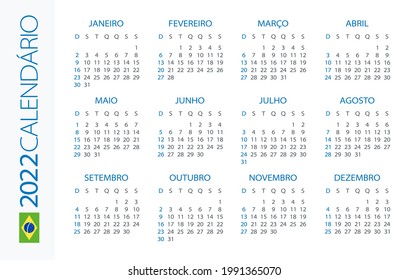 Calendar 2022 Horizontal - illustration. Brazilian version. Translation: Calendar. Names of Months. Names of Days. January, February, March, April, May, June, July, August, September, October