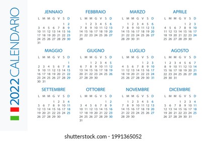 Calendar 2022 Horizontal - illustration. Italian version. Translation: Calendar. Names of Months. Names of Days. January, February, March, April, May, June, July, August, September, October, November