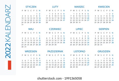 Calendar 2022 Horizontal - illustration. Polish version. Translation: Calendar. Names of Months. Names of Days. January, February, March, April, May, June, July, August, September, October, November
