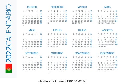 Calendar 2022 Horizontal - illustration. Portuguese version. Translation: Calendar. Names of Months. Names of Days. January, February, March, April, May, June, July, August, September, October