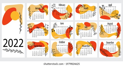 Calendar for 2022, horizontal sheets in lettering proportions, week starts on Sunday, Abstract spots in orange shades and linear doodle plants for decoration vector illustration