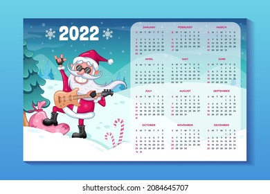 Calendar 2022. Horizontal wall poster with calendar. Cool smile Santa Claus with electric guitar and black glasses standing on the gift bag. Winter background with christmas tree and candy cones