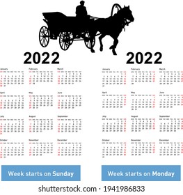 Calendar for 2022 of horse silhouettes isolated on white background.