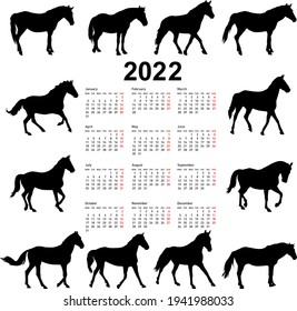 Calendar for 2022 of horse silhouettes isolated on white background.