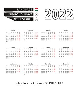 Calendario 2022 en húngaro, la semana comienza el lunes. Calendario de vectores 2022 año.
