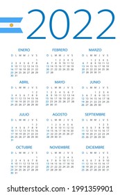 Calendar 2022 - Illustration. Argentinian Version. Week Starts On Sunday. Translation: Calendar. Names Of Months. Names Of Days. January, February, March, April, May, June, July, August, September