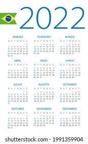 Calendar 2022 - Illustration. Brazilian Version. Week Starts On Sunday. Translation: Calendar. Names Of Months. Names Of Days. January, February, March, April, May, June, July, August, September