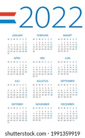 Calendar 2022 - illustration. Dutch version. Week starts on Monday. Translation: Calendar. Names of Months. Names of Days. January, February, March, April, May, June, July, August, September, October