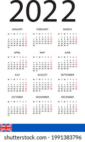 Calendar 2022 - Illustration. English Version. Week Starts On Monday. Translation: Calendar. Names Of Months. Names Of Days. January, February, March, April, May, June, July, August, September