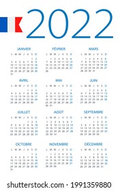 Calendar 2022 - illustration. French version. Week starts on Monday. Translation: Calendar. Names of Months. Names of Days. January, February, March, April, May, June, July, August, September, October