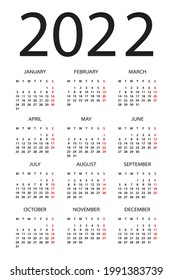 Calendar 2022 - illustration. Monday to Sunday
