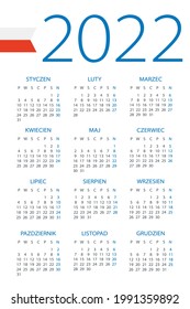 Calendar 2022 - illustration. Polish version. Week starts on Monday. Translation: Calendar. Names of Months. Names of Days. January, February, March, April, May, June, July, August, September, October