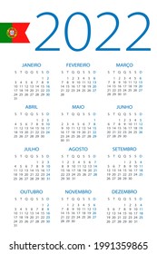 Calendar 2022 - Illustration. Portuguese Version. Week Starts On Monday. Translation: Calendar. Names Of Months. Names Of Days. January, February, March, April, May, June, July, August, September