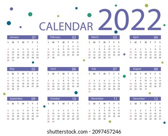 Calendar for 2022 Illustration vector with 2022 color tone normal style.
