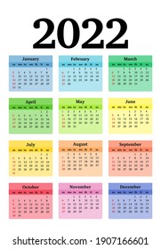 Calendar for 2022 isolated on a white background. Sunday to Monday, business template. Vector illustration