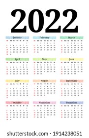 Calendar for 2022 isolated on a white background. Sunday to Monday, business template. Vector illustration