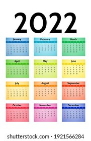Calendar for 2022 isolated on a white background. Sunday to Monday, business template. Vector illustration