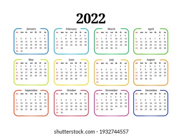 Calendar for 2022 isolated on a white background. Sunday to Monday, business template. Vector illustration