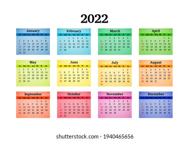 Calendar for 2022 isolated on a white background. Sunday to Monday, business template. Vector illustration