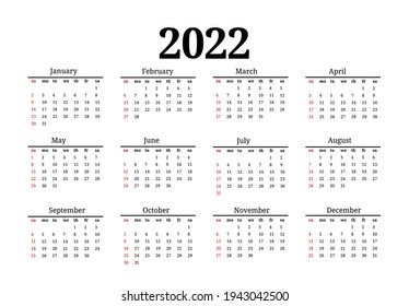 Calendar for 2022 isolated on a white background. Sunday to Monday, business template. Vector illustration