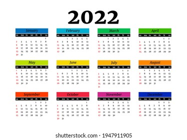 Calendar for 2022 isolated on a white background. Sunday to Monday, business template. Vector illustration