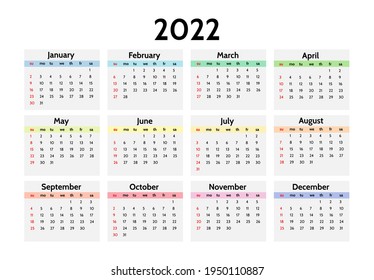 Calendar for 2022 isolated on a white background. Sunday to Monday, business template. Vector illustration