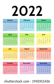 Calendar for 2022 isolated on a white background. Sunday to Monday, business template. Vector illustration