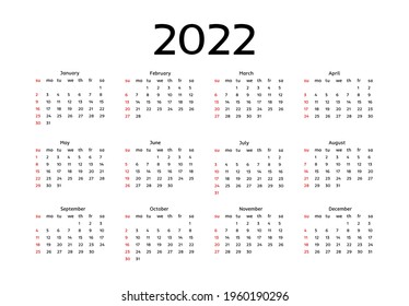 Calendar for 2022 isolated on a white background. Sunday to Monday, business template. Vector illustration